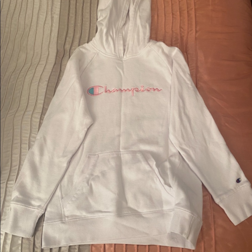 Girls Champion Hoodie.  White/Pink.  Size Large.  Barely Worn.